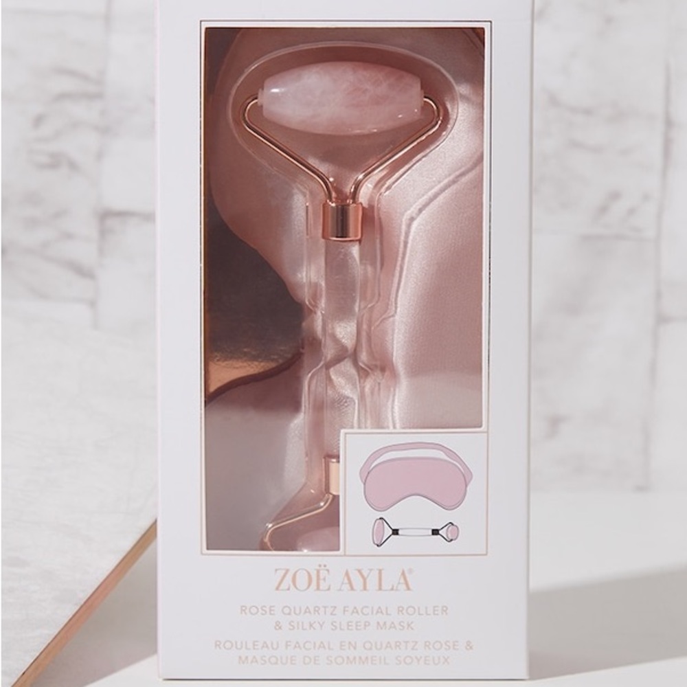 Zoe Ayla Rose Quartz Roller With Acrylic Handle & Silky Eye Mask Set